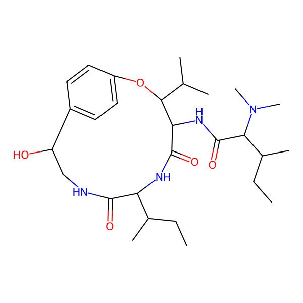2D Structure of (2S,3R)-N-[(3R,4R,7S,11S)-7-[(2S)-butan-2-yl]-11-hydroxy-5,8-dioxo-3-propan-2-yl-2-oxa-6,9-diazabicyclo[10.2.2]hexadeca-1(14),12,15-trien-4-yl]-2-(dimethylamino)-3-methylpentanamide