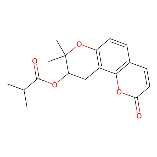 2D Structure of (8,8-Dimethyl-2-oxo-9,10-dihydropyrano[2,3-h]chromen-9-yl) 2-methylpropanoate