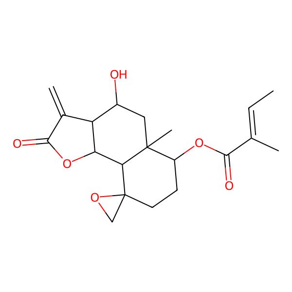 2D Structure of (4-Hydroxy-5a-methyl-3-methylidene-2-oxospiro[3a,4,5,6,7,8,9a,9b-octahydrobenzo[g][1]benzofuran-9,2'-oxirane]-6-yl) 2-methylbut-2-enoate