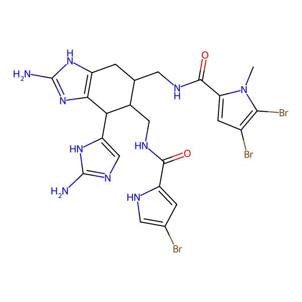 2D Structure of N-[[2-amino-7-(2-amino-1H-imidazol-5-yl)-6-[[(4-bromo-1H-pyrrole-2-carbonyl)amino]methyl]-4,5,6,7-tetrahydro-3H-benzimidazol-5-yl]methyl]-4,5-dibromo-1-methylpyrrole-2-carboxamide