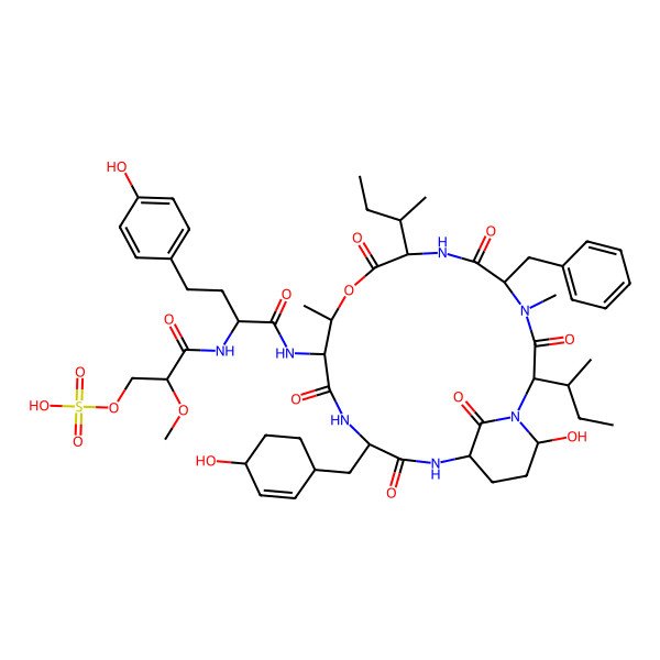 2D Structure of [3-[[1-[[5-Benzyl-2,8-di(butan-2-yl)-21-hydroxy-15-[(4-hydroxycyclohex-2-en-1-yl)methyl]-4,11-dimethyl-3,6,9,13,16,22-hexaoxo-10-oxa-1,4,7,14,17-pentazabicyclo[16.3.1]docosan-12-yl]amino]-4-(4-hydroxyphenyl)-1-oxobutan-2-yl]amino]-2-methoxy-3-oxopropyl] hydrogen sulfate