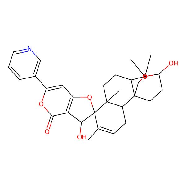 2D Structure of 3',12-dihydroxy-5,7,11,11-tetramethyl-6'-pyridin-3-ylspiro[13-oxatetracyclo[10.2.2.01,10.02,7]hexadec-4-ene-6,2'-3H-furo[3,2-c]pyran]-4'-one
