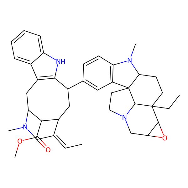 2D Structure of methyl (1S,12S,14R,15E,18S)-15-ethylidene-12-[(1S,9S,12S,13S,15R,20R)-12-ethyl-8-methyl-14-oxa-8,17-diazahexacyclo[10.7.1.01,9.02,7.013,15.017,20]icosa-2(7),3,5-trien-4-yl]-17-methyl-10,17-diazatetracyclo[12.3.1.03,11.04,9]octadeca-3(11),4,6,8-tetraene-18-carboxylate