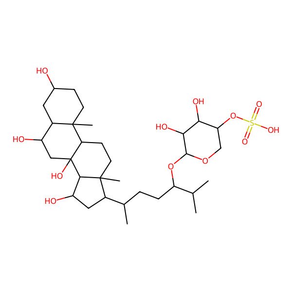 2D Structure of [(3R,4R,5R,6S)-4,5-dihydroxy-6-[(3S,6R)-2-methyl-6-[(3S,5R,6S,10S,13R,15S,17R)-3,6,8,15-tetrahydroxy-10,13-dimethyl-1,2,3,4,5,6,7,9,11,12,14,15,16,17-tetradecahydrocyclopenta[a]phenanthren-17-yl]heptan-3-yl]oxyoxan-3-yl] hydrogen sulfate