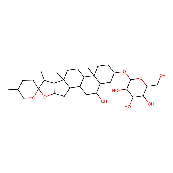 2D Structure of (2R,3S,4S,5R,6R)-2-(hydroxymethyl)-6-[(1R,2S,4S,5'R,6R,7S,8R,9S,12S,13R,16S,18S,19S)-19-hydroxy-5',7,9,13-tetramethylspiro[5-oxapentacyclo[10.8.0.02,9.04,8.013,18]icosane-6,2'-oxane]-16-yl]oxyoxane-3,4,5-triol