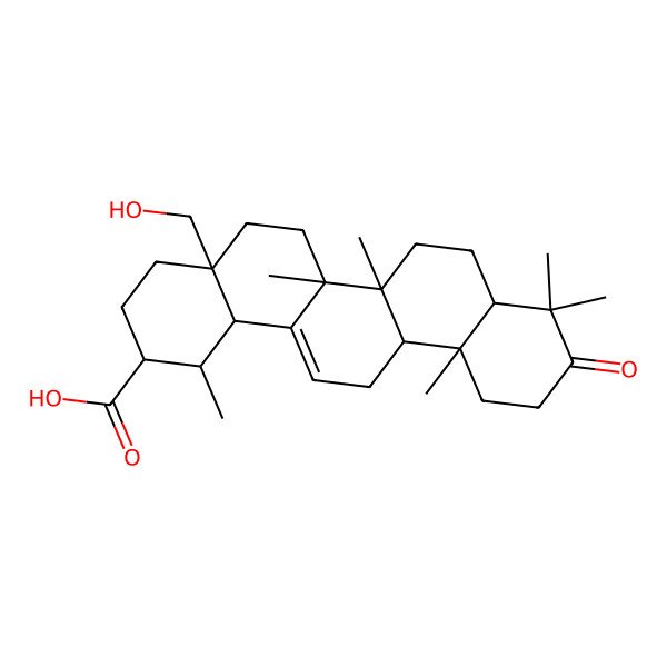 2D Structure of 4a-(Hydroxymethyl)-1,6a,6b,9,9,12a-hexamethyl-10-oxo-1,2,3,4,5,6,6a,7,8,8a,11,12,13,14b-tetradecahydropicene-2-carboxylic acid 2D Structure of 4a-(Hydroxymethyl)-1,6a,6b,9,9,12a-hexamethyl-10-oxo-1,2,3,4,5,6,6a,7,8,8a,11,12,13,14b-tetradecahydropicene-2-carboxylic acid