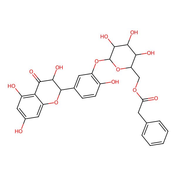 2D Structure of [(2R,3S,4S,5R,6S)-3,4,5-trihydroxy-6-[2-hydroxy-5-[(2R,3R)-3,5,7-trihydroxy-4-oxo-2,3-dihydrochromen-2-yl]phenoxy]oxan-2-yl]methyl 2-phenylacetate