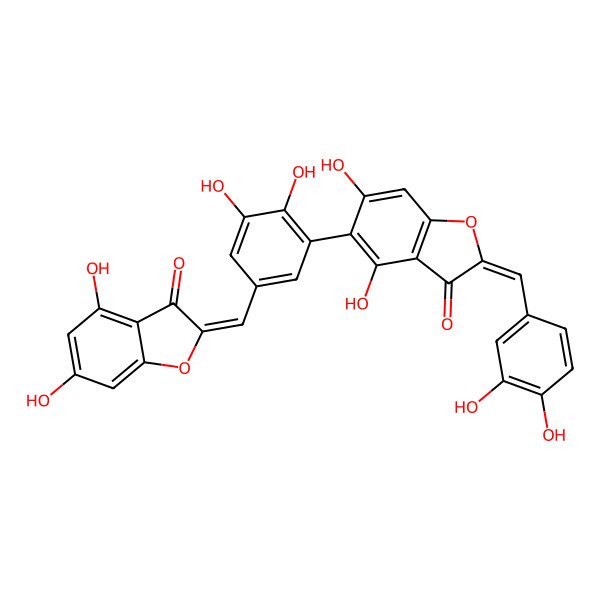 2D Structure of (2Z)-5-[5-[(Z)-(4,6-dihydroxy-3-oxo-1-benzofuran-2-ylidene)methyl]-2,3-dihydroxyphenyl]-2-[(3,4-dihydroxyphenyl)methylidene]-4,6-dihydroxy-1-benzofuran-3-one