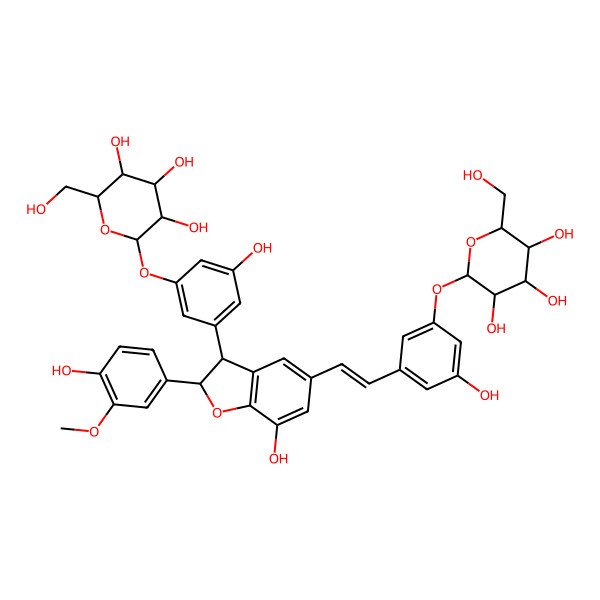 2D Structure of (2S,3R,4S,5S,6R)-2-[3-hydroxy-5-[(E)-2-[(2R,3R)-7-hydroxy-2-(4-hydroxy-3-methoxyphenyl)-3-[3-hydroxy-5-[(2S,3R,4S,5S,6R)-3,4,5-trihydroxy-6-(hydroxymethyl)oxan-2-yl]oxyphenyl]-2,3-dihydro-1-benzofuran-5-yl]ethenyl]phenoxy]-6-(hydroxymethyl)oxane-3,4,5-triol