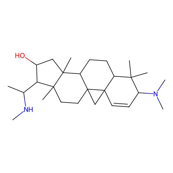 2D Structure of (1R,3R,6S,8R,11S,12S,14R,15S,16R)-6-(dimethylamino)-7,7,12,16-tetramethyl-15-[(1S)-1-(methylamino)ethyl]pentacyclo[9.7.0.01,3.03,8.012,16]octadec-4-en-14-ol