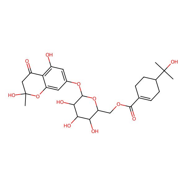 2D Structure of [(2R,3S,4S,5R,6S)-6-[[(2S)-2,5-dihydroxy-2-methyl-4-oxo-3H-chromen-7-yl]oxy]-3,4,5-trihydroxyoxan-2-yl]methyl (4R)-4-(2-hydroxypropan-2-yl)cyclohexene-1-carboxylate