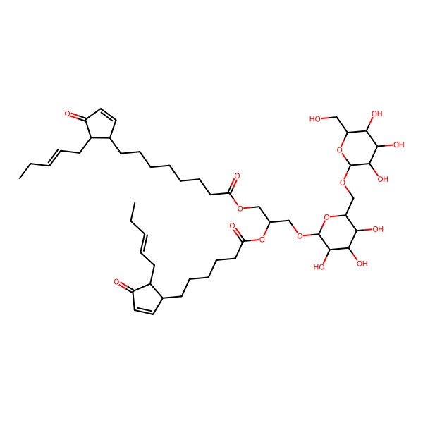 2D Structure of [(2S)-2-[6-[(1R,5S)-4-oxo-5-[(Z)-pent-2-enyl]cyclopent-2-en-1-yl]hexanoyloxy]-3-[(2R,3R,4S,5R,6R)-3,4,5-trihydroxy-6-[[(2S,3R,4S,5R,6R)-3,4,5-trihydroxy-6-(hydroxymethyl)oxan-2-yl]oxymethyl]oxan-2-yl]oxypropyl] 8-[(1R,5S)-4-oxo-5-[(Z)-pent-2-enyl]cyclopent-2-en-1-yl]octanoate