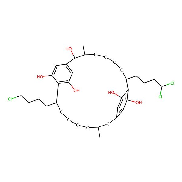2D Structure of 19-(4-Chlorobutyl)-8-(4,4-dichlorobutyl)-3,14-dimethyltricyclo[18.2.2.29,12]hexacosa-1(22),9,11,20,23,25-hexaene-2,10,21,24,26-pentol