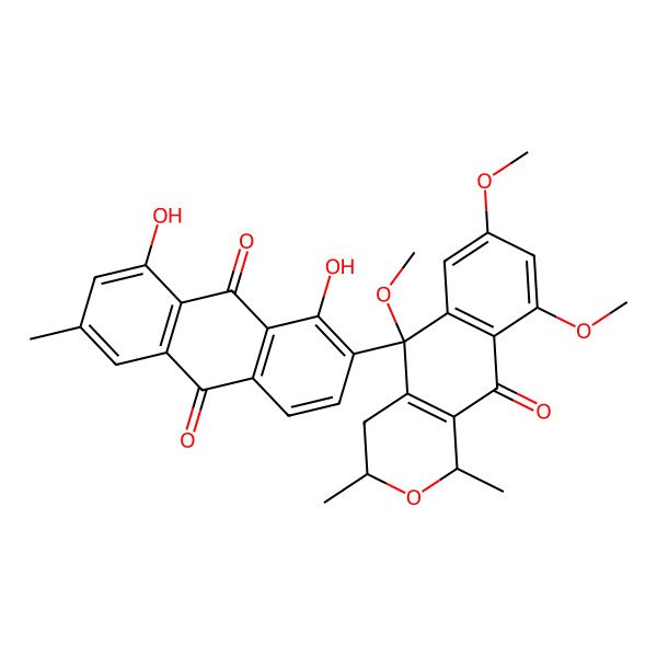 2D Structure of 1,8-dihydroxy-6-methyl-2-[(1R,3S)-5,7,9-trimethoxy-1,3-dimethyl-10-oxo-3,4-dihydro-1H-benzo[g]isochromen-5-yl]anthracene-9,10-dione