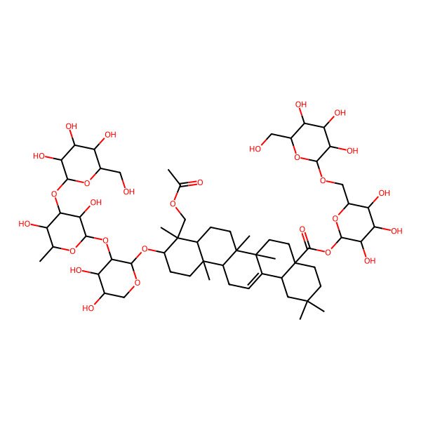 2D Structure of [3,4,5-Trihydroxy-6-[[3,4,5-trihydroxy-6-(hydroxymethyl)oxan-2-yl]oxymethyl]oxan-2-yl] 9-(acetyloxymethyl)-10-[3-[3,5-dihydroxy-6-methyl-4-[3,4,5-trihydroxy-6-(hydroxymethyl)oxan-2-yl]oxyoxan-2-yl]oxy-4,5-dihydroxyoxan-2-yl]oxy-2,2,6a,6b,9,12a-hexamethyl-1,3,4,5,6,6a,7,8,8a,10,11,12,13,14b-tetradecahydropicene-4a-carboxylate