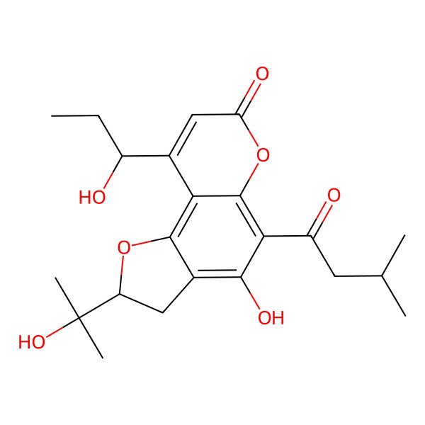 2D Structure of (2R)-4-hydroxy-2-(2-hydroxypropan-2-yl)-9-[(1S)-1-hydroxypropyl]-5-(3-methylbutanoyl)-2,3-dihydrofuro[2,3-f]chromen-7-one