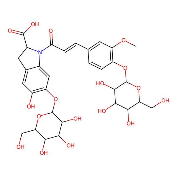 2D Structure of (2S)-5-hydroxy-1-[(E)-3-[3-methoxy-4-[(2R,3S,4R,5R,6S)-3,4,5-trihydroxy-6-(hydroxymethyl)oxan-2-yl]oxyphenyl]prop-2-enoyl]-6-[(2S,3R,4R,5S,6S)-3,4,5-trihydroxy-6-(hydroxymethyl)oxan-2-yl]oxy-2,3-dihydroindole-2-carboxylic acid