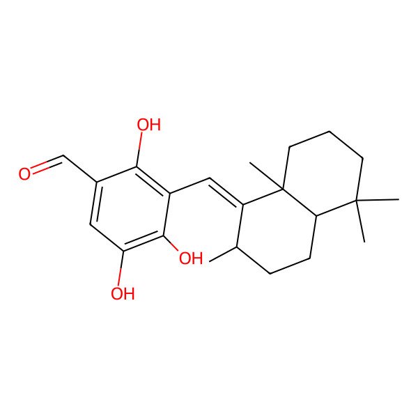 2D Structure of 3-[(E)-[(2S,4aR,8aS)-2,5,5,8a-tetramethyl-3,4,4a,6,7,8-hexahydro-2H-naphthalen-1-ylidene]methyl]-2,4,5-trihydroxybenzaldehyde