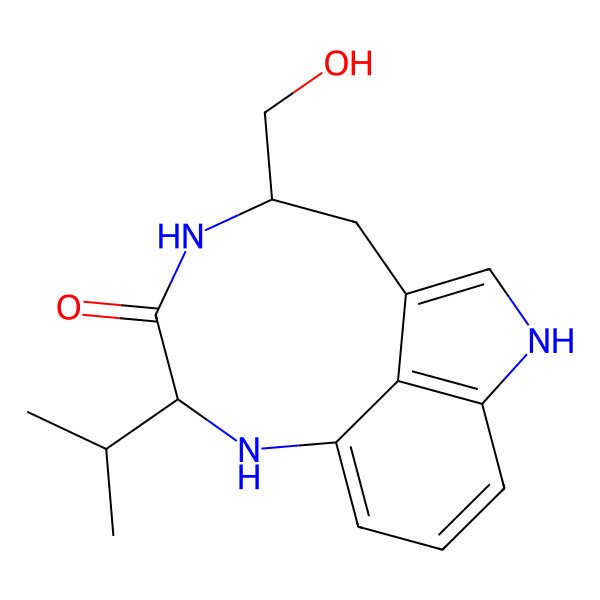 2D Structure of 13-(Hydroxymethyl)-10-propan-2-yl-3,9,12-triazatricyclo[6.6.1.04,15]pentadeca-1,4(15),5,7-tetraen-11-one