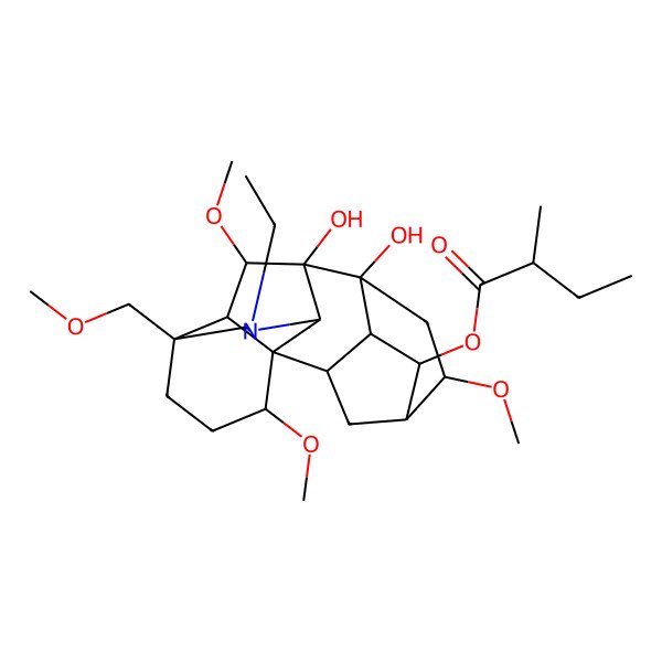 2D Structure of [(1S,2R,3R,4S,5R,6S,8R,9S,10S,13S,16S,17R,18S)-11-ethyl-8,9-dihydroxy-6,16,18-trimethoxy-13-(methoxymethyl)-11-azahexacyclo[7.7.2.12,5.01,10.03,8.013,17]nonadecan-4-yl] (2S)-2-methylbutanoate