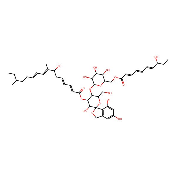 2D Structure of [(3R,3'R,4'R,5'R,6'R)-3',4,6-trihydroxy-6'-(hydroxymethyl)-5'-[(2S,3S,4S,5R,6S)-3,4,5-trihydroxy-6-[[(2E,4E,6E,8R)-8-hydroxydeca-2,4,6-trienoyl]oxymethyl]oxan-2-yl]oxyspiro[1H-2-benzofuran-3,2'-oxane]-4'-yl] (2E,4E,7R,8E,10E,14S)-7-hydroxy-8,14-dimethylhexadeca-2,4,8,10-tetraenoate