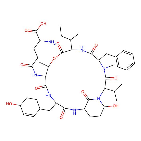 2D Structure of 2-Amino-5-[[5-benzyl-8-butan-2-yl-21-hydroxy-15-[(4-hydroxycyclohex-2-en-1-yl)methyl]-4,11-dimethyl-3,6,9,13,16,22-hexaoxo-2-propan-2-yl-10-oxa-1,4,7,14,17-pentazabicyclo[16.3.1]docosan-12-yl]amino]-5-oxopentanoic acid