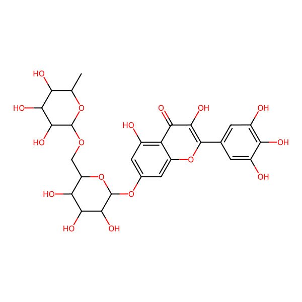 2D Structure of 3,5-Dihydroxy-2-(3,4,5-trihydroxyphenyl)-7-[3,4,5-trihydroxy-6-[(3,4,5-trihydroxy-6-methyloxan-2-yl)oxymethyl]oxan-2-yl]oxychromen-4-one
