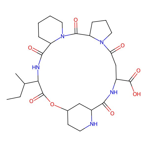 2D Structure of (1S,4S,11S,18S,21S,24S)-21-[(2S)-butan-2-yl]-2,6,12,19,22-pentaoxo-23-oxa-3,7,13,20,27-pentazatetracyclo[22.3.1.07,11.013,18]octacosane-4-carboxylic acid
