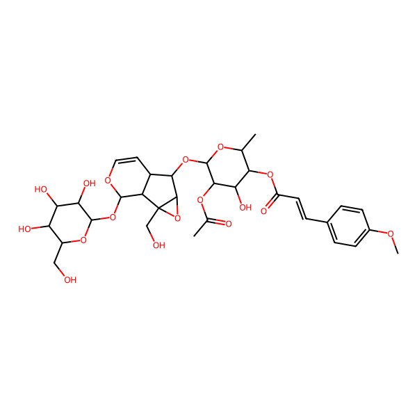 2D Structure of [(2S,3R,4R,5R,6S)-5-acetyloxy-4-hydroxy-6-[[(1S,2S,4S,5S,6R,10S)-2-(hydroxymethyl)-10-[(2S,3R,4S,5S,6R)-3,4,5-trihydroxy-6-(hydroxymethyl)oxan-2-yl]oxy-3,9-dioxatricyclo[4.4.0.02,4]dec-7-en-5-yl]oxy]-2-methyloxan-3-yl] (Z)-3-(4-methoxyphenyl)prop-2-enoate