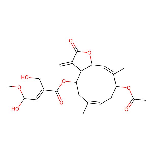 2D Structure of (9-Acetyloxy-6,10-dimethyl-3-methylidene-2-oxo-3a,4,5,8,9,11a-hexahydrocyclodeca[b]furan-4-yl) 4-hydroxy-2-(hydroxymethyl)-4-methoxybut-2-enoate