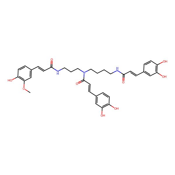 2D Structure of 3-(3,4-dihydroxyphenyl)-N-[4-[3-(3,4-dihydroxyphenyl)prop-2-enoyl-[3-[3-(4-hydroxy-3-methoxyphenyl)prop-2-enoylamino]propyl]amino]butyl]prop-2-enamide