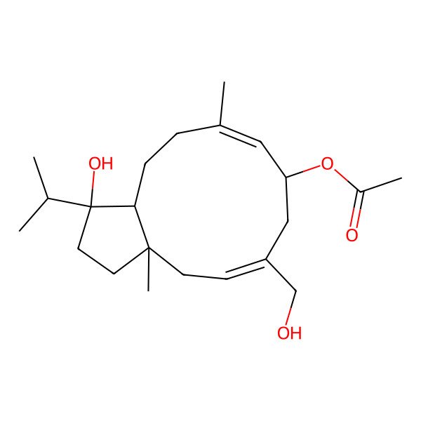 2D Structure of [(1R,3aR,5Z,8S,9E,12aR)-1-hydroxy-6-(hydroxymethyl)-3a,10-dimethyl-1-propan-2-yl-2,3,4,7,8,11,12,12a-octahydrocyclopenta[11]annulen-8-yl] acetate