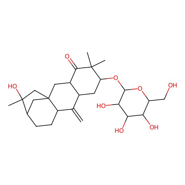 2D Structure of (1R,3R,6S,8S,10R,13R,14R)-14-hydroxy-5,5,14-trimethyl-9-methylidene-6-[(2R,3R,4S,5S,6R)-3,4,5-trihydroxy-6-(hydroxymethyl)oxan-2-yl]oxytetracyclo[11.2.1.01,10.03,8]hexadecan-4-one
