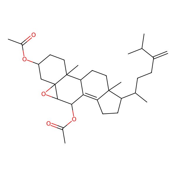 2D Structure of [(1S,2R,5S,7R,9S,10S,15R,16R)-10-acetyloxy-2,16-dimethyl-15-[(2R)-6-methyl-5-methylideneheptan-2-yl]-8-oxapentacyclo[9.7.0.02,7.07,9.012,16]octadec-11-en-5-yl] acetate