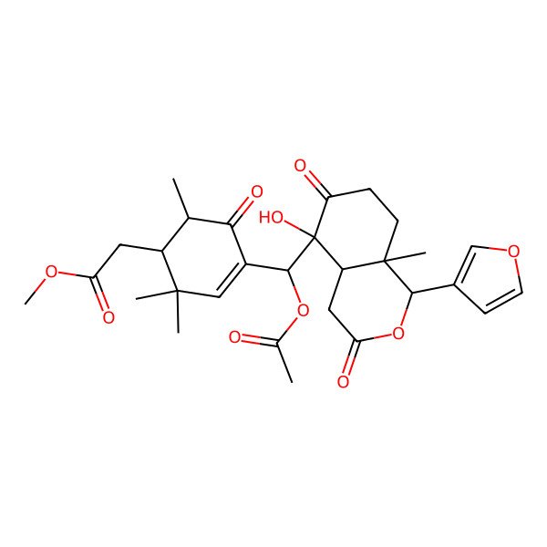 2D Structure of methyl 2-[4-[acetyloxy-[1-(furan-3-yl)-5-hydroxy-8a-methyl-3,6-dioxo-4,4a,7,8-tetrahydro-1H-isochromen-5-yl]methyl]-2,2,6-trimethyl-5-oxocyclohex-3-en-1-yl]acetate
