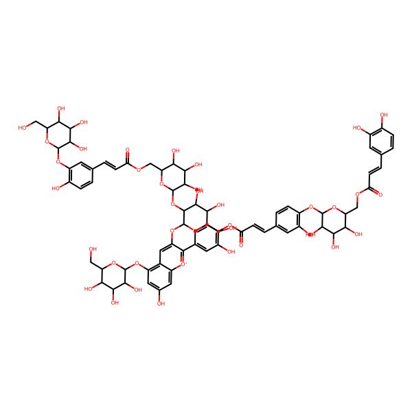 2D Structure of [(2S,3S,4S,5R,6S)-6-[4-[(E)-3-[[(2S,3S,4S,5R,6S)-6-[2-(3,4-dihydroxyphenyl)-7-hydroxy-5-[(2S,3R,4S,5S,6R)-3,4,5-trihydroxy-6-(hydroxymethyl)oxan-2-yl]oxychromenylium-3-yl]oxy-3,4-dihydroxy-5-[(2S,3R,4S,5S,6R)-3,4,5-trihydroxy-6-[3-[4-hydroxy-3-[(2S,3R,4S,5S,6R)-3,4,5-trihydroxy-6-(hydroxymethyl)oxan-2-yl]oxyphenyl]prop-2-enoyloxymethyl]oxan-2-yl]oxyoxan-2-yl]methoxy]-3-oxoprop-1-enyl]-2-hydroxyphenoxy]-3,4,5-trihydroxyoxan-2-yl]methyl 3-(3,4-dihydroxyphenyl)prop-2-enoate