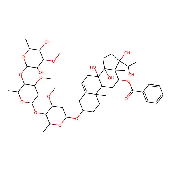 2D Structure of [(3S,8S,9R,10R,12R,13R,14R,17S)-3-[(2R,4S,5R,6R)-5-[(2S,4S,5R,6R)-5-[(2S,3R,4R,5R,6R)-3,5-dihydroxy-4-methoxy-6-methyloxan-2-yl]oxy-4-methoxy-6-methyloxan-2-yl]oxy-4-methoxy-6-methyloxan-2-yl]oxy-8,14,17-trihydroxy-17-[(1S)-1-hydroxyethyl]-10,13-dimethyl-1,2,3,4,7,9,11,12,15,16-decahydrocyclopenta[a]phenanthren-12-yl] benzoate