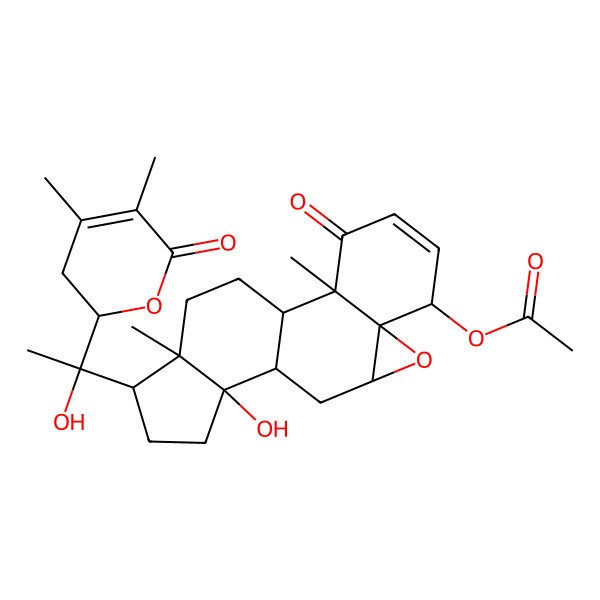 2D Structure of [15-[1-(4,5-Dimethyl-6-oxo-2,3-dihydropyran-2-yl)-1-hydroxyethyl]-12-hydroxy-2,16-dimethyl-3-oxo-8-oxapentacyclo[9.7.0.02,7.07,9.012,16]octadec-4-en-6-yl] acetate