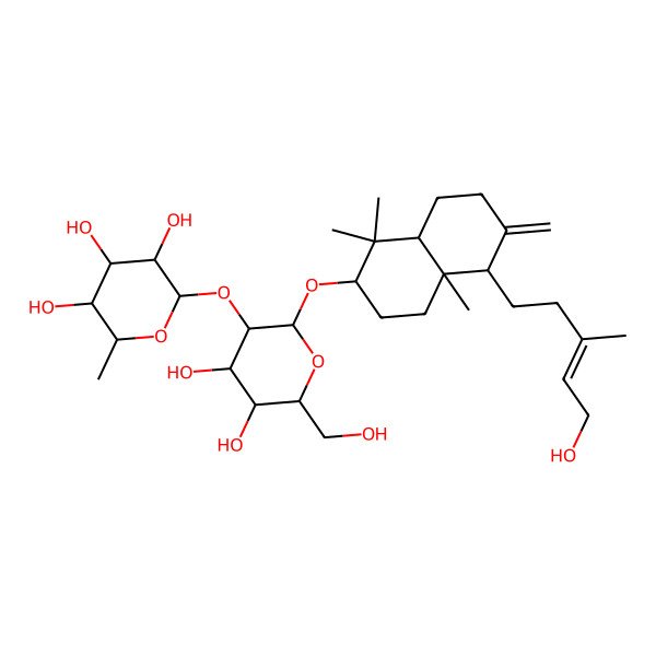 2D Structure of (2S,3R,4R,5R,6S)-2-[(2R,3R,4S,5S,6R)-2-[[(2S,4aR,5S,8aR)-5-[(Z)-5-hydroxy-3-methylpent-3-enyl]-1,1,4a-trimethyl-6-methylidene-3,4,5,7,8,8a-hexahydro-2H-naphthalen-2-yl]oxy]-4,5-dihydroxy-6-(hydroxymethyl)oxan-3-yl]oxy-6-methyloxane-3,4,5-triol