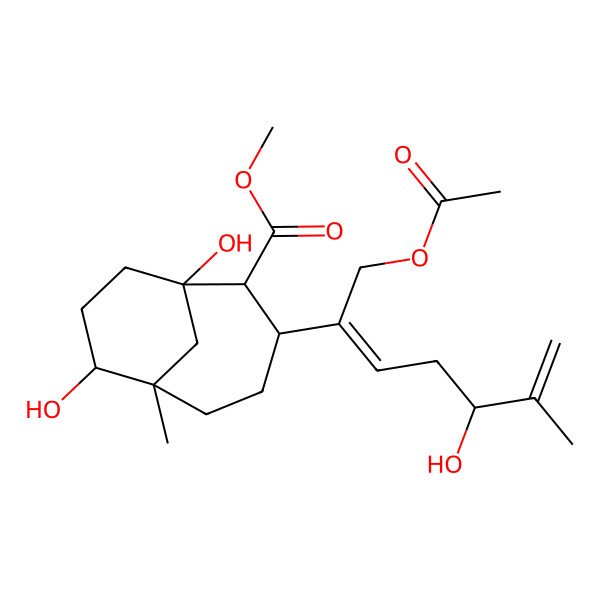 2D Structure of methyl (1R,2R,3S,6S,7S)-3-[(2E,5R)-1-acetyloxy-5-hydroxy-6-methylhepta-2,6-dien-2-yl]-1,7-dihydroxy-6-methylbicyclo[4.3.1]decane-2-carboxylate