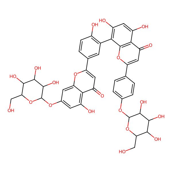 2D Structure of 5,7-Dihydroxy-8-[2-hydroxy-5-[5-hydroxy-4-oxo-7-[3,4,5-trihydroxy-6-(hydroxymethyl)oxan-2-yl]oxychromen-2-yl]phenyl]-2-[4-[3,4,5-trihydroxy-6-(hydroxymethyl)oxan-2-yl]oxyphenyl]chromen-4-one
