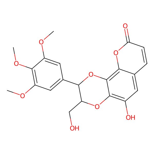 2D Structure of 5-Hydroxy-3-(hydroxymethyl)-2-(3,4,5-trimethoxyphenyl)-2,3-dihydropyrano[3,2-h][1,4]benzodioxin-9-one