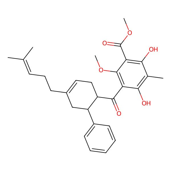 2D Structure of methyl 2,4-dihydroxy-6-methoxy-3-methyl-5-[(1R,6R)-4-(4-methylpent-3-enyl)-6-phenylcyclohex-3-ene-1-carbonyl]benzoate
