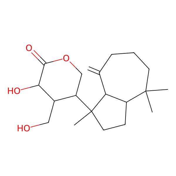 2D Structure of 3-hydroxy-4-(hydroxymethyl)-5-(1,4,4-trimethyl-8-methylidene-3,3a,5,6,7,8a-hexahydro-2H-azulen-1-yl)oxan-2-one