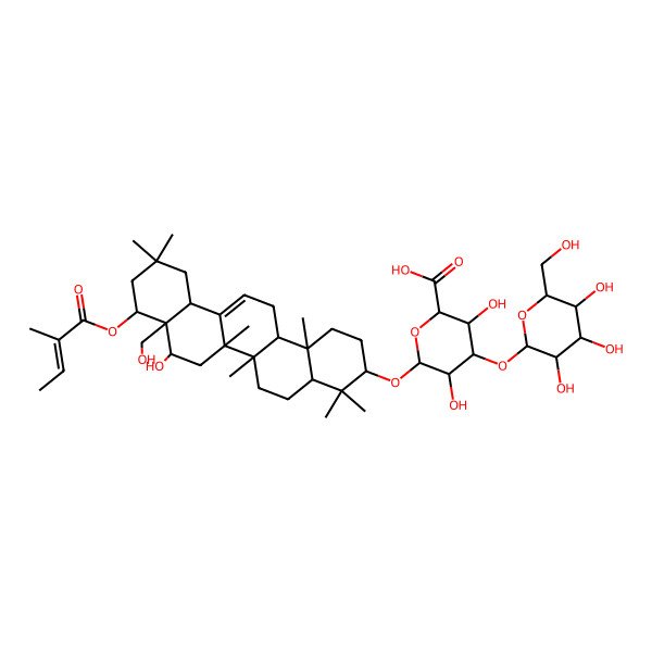 2D Structure of (2S,3S,4S,5R,6R)-6-[[(3S,4aR,6aR,6bS,8S,8aR,9S,12aS,14aR,14bR)-8-hydroxy-8a-(hydroxymethyl)-4,4,6a,6b,11,11,14b-heptamethyl-9-[(E)-2-methylbut-2-enoyl]oxy-1,2,3,4a,5,6,7,8,9,10,12,12a,14,14a-tetradecahydropicen-3-yl]oxy]-3,5-dihydroxy-4-[(2S,3R,4S,5S,6R)-3,4,5-trihydroxy-6-(hydroxymethyl)oxan-2-yl]oxyoxane-2-carboxylic acid