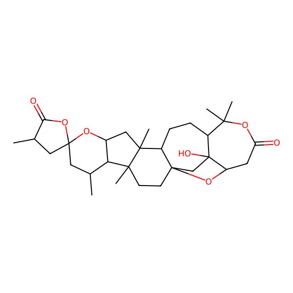 2D Structure of 22-Hydroxy-3',4,6,12,17,17-hexamethylspiro[9,18,24-trioxahexacyclo[19.2.1.01,13.04,12.05,10.016,22]tetracosane-8,5'-oxolane]-2',19-dione