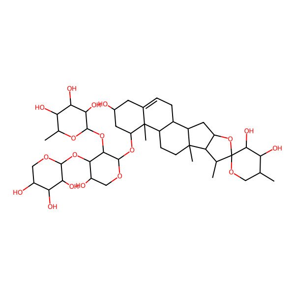 2D Structure of 14-[5-Hydroxy-3-(3,4,5-trihydroxy-6-methyloxan-2-yl)oxy-4-(3,4,5-trihydroxyoxan-2-yl)oxyoxan-2-yl]oxy-5',7,9,13-tetramethylspiro[5-oxapentacyclo[10.8.0.02,9.04,8.013,18]icos-18-ene-6,2'-oxane]-3',4',16-triol