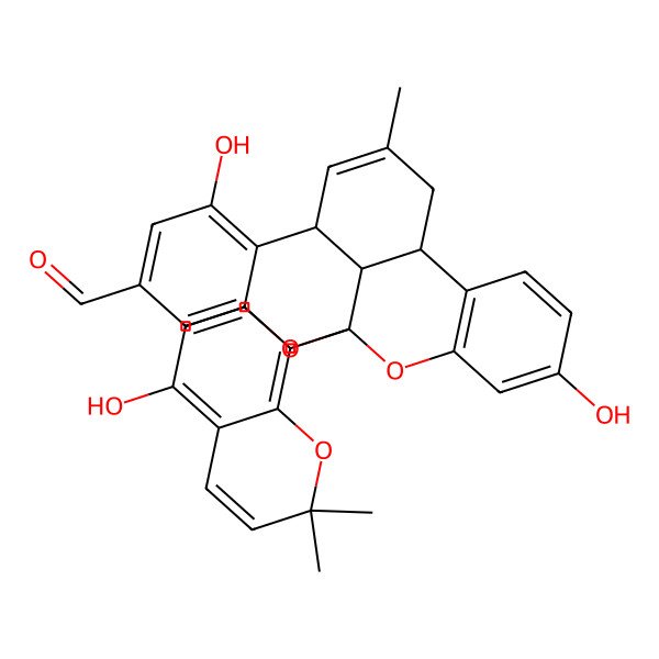 2D Structure of 7,17-Dihydroxy-1-(5-hydroxy-2,2-dimethylchromen-8-yl)-11-methyl-2,20-dioxapentacyclo[11.7.1.03,8.09,21.014,19]henicosa-3,5,7,10,14(19),15,17-heptaene-5-carbaldehyde