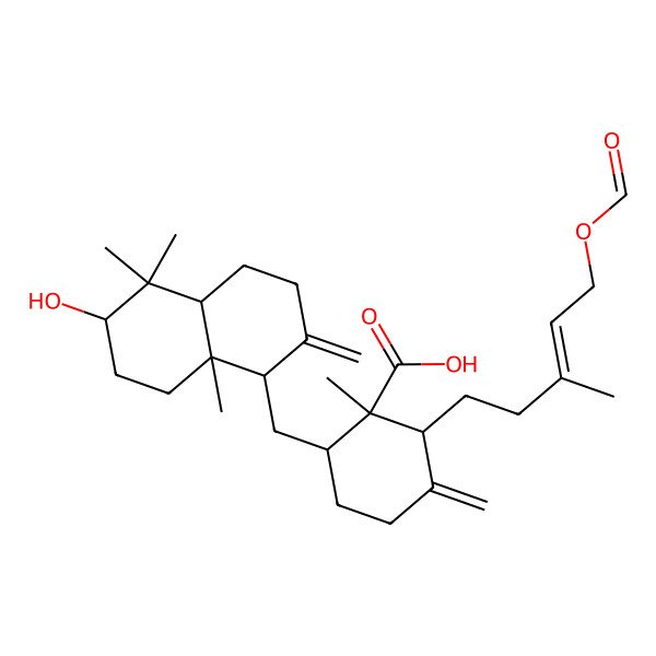 2D Structure of (1R,2R,6R)-6-[[(1S,4aS,6S,8aS)-6-hydroxy-5,5,8a-trimethyl-2-methylidene-3,4,4a,6,7,8-hexahydro-1H-naphthalen-1-yl]methyl]-2-[(E)-5-formyloxy-3-methylpent-3-enyl]-1-methyl-3-methylidenecyclohexane-1-carboxylic acid