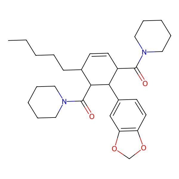 2D Structure of [(1R,4S,5R,6R)-6-(1,3-benzodioxol-5-yl)-4-pentyl-5-(piperidine-1-carbonyl)cyclohex-2-en-1-yl]-piperidin-1-ylmethanone